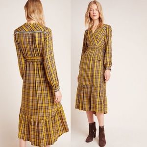 ANTHROPOLOGIE Yellow Plaid Wrap Midi Dress